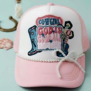 Cowgirl God Is Good Trucker Hat | Pink Western Faith Patch Cap