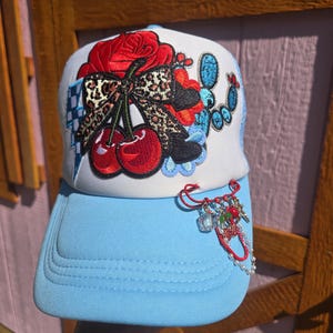 Coquette Cherry Trucker Hat, Red Rose Cactus Layered Patch Hat, Western Y2K Glam Hat, Pearl  Charm
