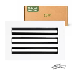 May include: A rectangular white air vent cover with horizontal black slats, accompanied by a brown cardboard box labeled Modern Air Vent Cover and Green Vent, along with four small silver-colored metal screws for installation purposes.