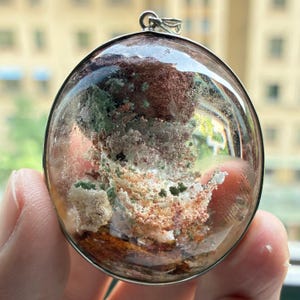 Natural Color Phantom Quartz Round Amulet Pendant | 925 Sterling Silver Inclusion Crystal Jewelry | Unisex Meditation Gift