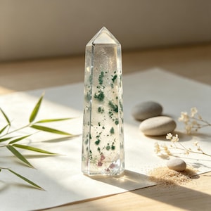 Natural Green Phantom Quartz Tower with White Rutile Inclusions Crystal Point Mineral Specimen Gift for Crystal Collector
