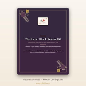 Puede incluir: Un documento rectangular de color morado oscuro titulado The Panic Attack Rescue Kit con detalles florales dorados. Incluye secciones sobre la ciencia del pánico, el método de conexión a tierra 5-4-3-2-1, respiración y un rastreador.