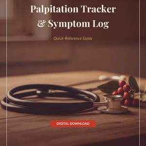 Peut inclure: Un téléchargement numérique intitulé Poppy's Field Palpitation Tracker & Symptom Log Quick-Reference Guide. Le texte est affiché sur un fond sombre avec un stéthoscope noir et une petite grappe de baies rouges sur une surface en bois.
