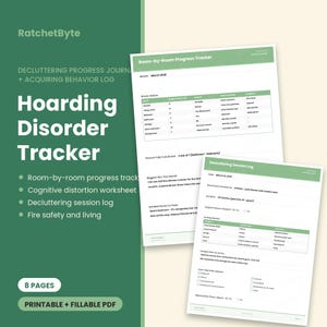 Pode incluir: Um diário de rastreamento de transtorno de acumulação em formato PDF imprimível e preenchível de 8 páginas, em verde e branco. O documento inclui um rastreador de progresso cômodo por cômodo, um registro de sessão de limpeza e fichas.