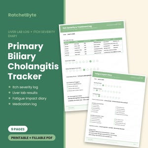 以下が含まれることがあります： RatchetByteによるPrimary Biliary Cholangitis Trackerの印刷可能なPDFセット。このドキュメントには、緑色のヘッダー、チェックボックス、症状を記録するためのフィールドを備えた、かゆみの重症度ログと疲労の影響日記が含まれています。