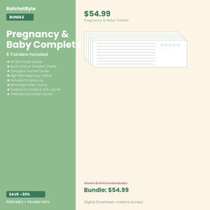 May include: A digital bundle of 8 pregnancy and baby trackers from RatchetByte, including IVF, donor embryo, surrogacy, high-risk, pumping, NICU, postpartum, and grief journals. The graphic displays a stack of white lined forms with checkboxes.