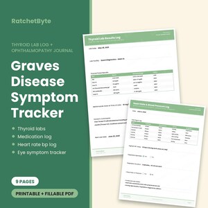 Puede incluir: Un rastreador de síntomas de la enfermedad de Graves de RatchetByte con un registro de resultados de laboratorio de tiroides y un registro de presión arterial. El PDF imprimible y rellenable incluye secciones para fechas y resultados.