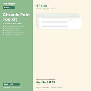 May include: A digital Chronic Pain Toolkit bundle featuring five printable and fillable PDF trackers. The set includes trackers for Fibromyalgia, CRPS, Myofascial Pain, Small Fiber Neuropathy, and Trigeminal Neuralgia, displayed as stacked white forms.