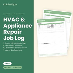 Könnte beinhalten: Eine digitale Vorlage für ein HVAC- und Gerätereparatur-Arbeitsprotokoll in Grün und Weiß. Das Dokument enthält Abschnitte für Serviceanrufprotokolle, Einnahmen und Ausgaben sowie Kundenverfolgung. Der Text lautet RatchetByte, Service Call & Client Tracker, HVAC & Appliance Repair Job Log und 10 Pages.