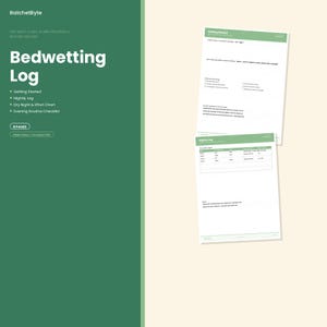 Op de afbeelding: Een printbaar en invulbaar PDF-bedplassenlogboek van RatchetByte in een groen en wit kleurenschema. Het document bevat een pagina om te beginnen en een nachtelijk logboek voor het bijhouden van voortgang, routines en droge nachten.