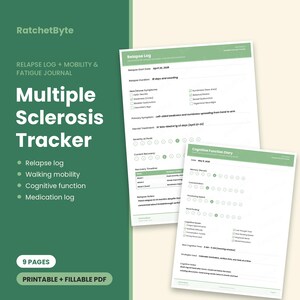 May include: A Multiple Sclerosis tracker printable and fillable PDF set featuring a Relapse Log and Cognitive Function Diary. The pages include sections for symptoms, medication, recovery timelines, and daily cognitive tracking with checkboxes and scales.