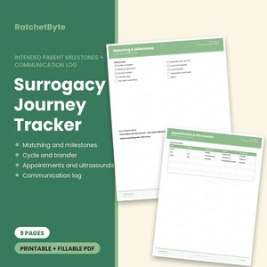 May include: A digital surrogacy journey tracker document set by RatchetByte featuring a green sidebar with white text listing milestones, cycle, transfer, appointments, and communication log. Includes two white printable pages with green headers.