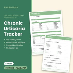 Puede incluir: Un conjunto de documentos digitales para el seguimiento de la urticaria crónica sobre un fondo verde con el texto RatchetByte, Hive Log + Antihistamine Response Diary y 9 Pages. El PDF imprimible incluye una tabla de puntuación UAS7 y un diario.