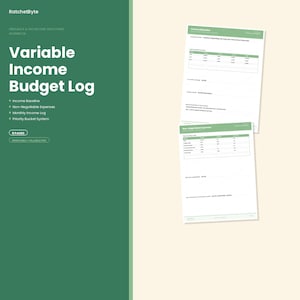 Op de afbeelding: Een digitaal werkboek getiteld Variable Income Budget Log van RatchetByte, met twee witte pagina's met groene koppen en tabellen voor Income Baseline en Non-Negotiable Expenses. De lay-out bevat tekst voor 8 pagina's en printbare invulbare PDF.