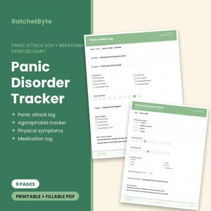 May include: A digital Panic Disorder Tracker printable PDF set with a green and white color scheme. The pages include a Panic Attack Log and a Physical Symptom Diary with fields for date, time, location, duration, symptoms, intensity, triggers, and notes.