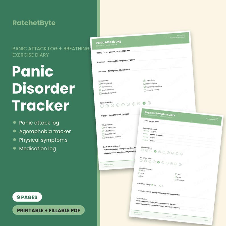 Panic Disorder Tracker, Panic Attack Log, Breathing Exercise Diary (PDF Download) image 1