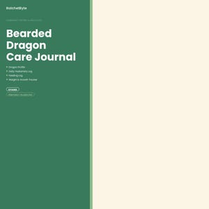 Può includere: Un diario digitale per la cura del drago barbuto di RatchetByte con sfondo verde e pannello laterale color crema. Include sezioni per il profilo del drago, registro giornaliero, registro dell'alimentazione e tracciamento peso e crescita su 8 pagine.