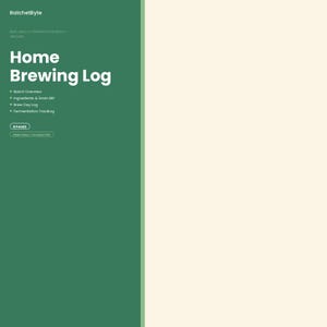 May include: A digital home brewing log document with a dark green left panel and a cream right panel. The text reads RatchetByte, Beer Mead & Fermentation Batch Tracker, Home Brewing Log, Batch Overview, Ingredients & Grain Bill, Brew Day Log, Fermentation Tracking, 8 Pages, and Printable + Fillable PDF.