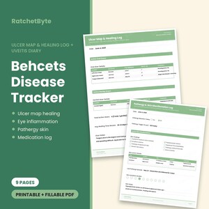 Op de afbeelding: Een digitale, printbare en invulbare PDF-set voor het bijhouden van de ziekte van Behçet, inclusief een zweerkaart, genezingslogboek, uveïtis-dagboek en logboek voor huidmanifestaties. Witte documenten met groene koppen en tekst.