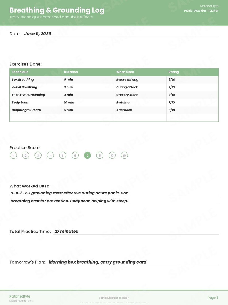 Panic Disorder Tracker, Panic Attack Log, Breathing Exercise Diary (PDF Download) image 7