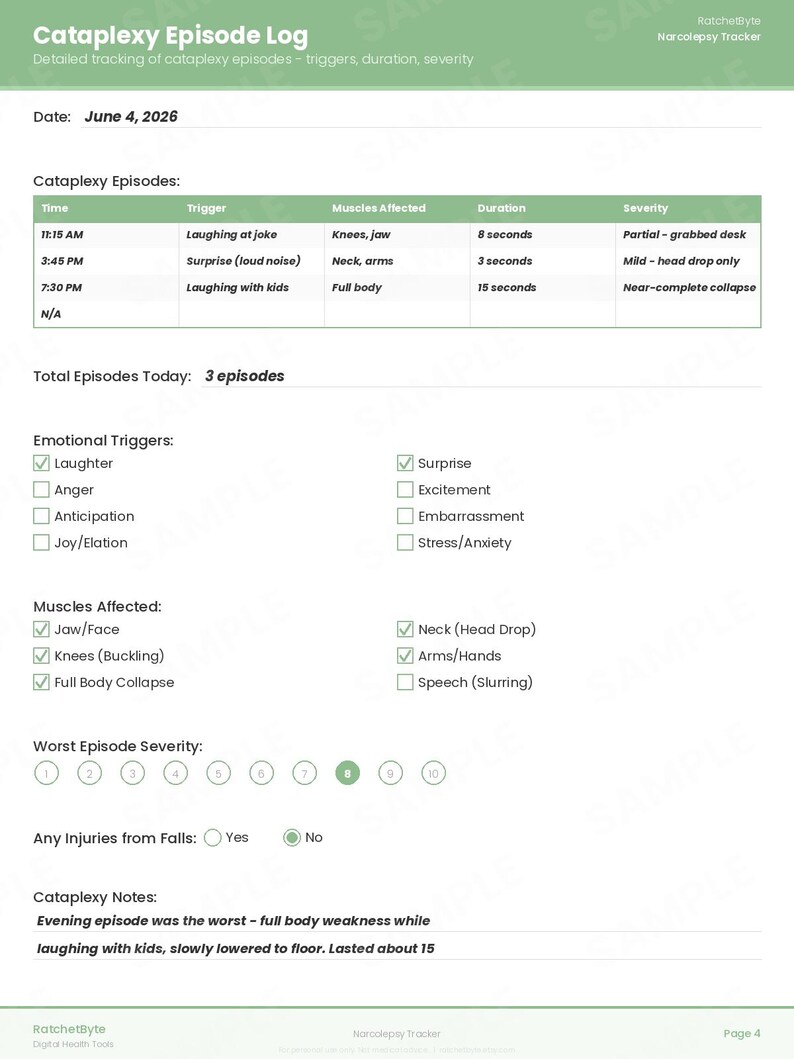 Narcolepsy Symptom Tracker, Sleep Diary, Cataplexy & Daytime Sleepiness Log (PDF Download) image 4