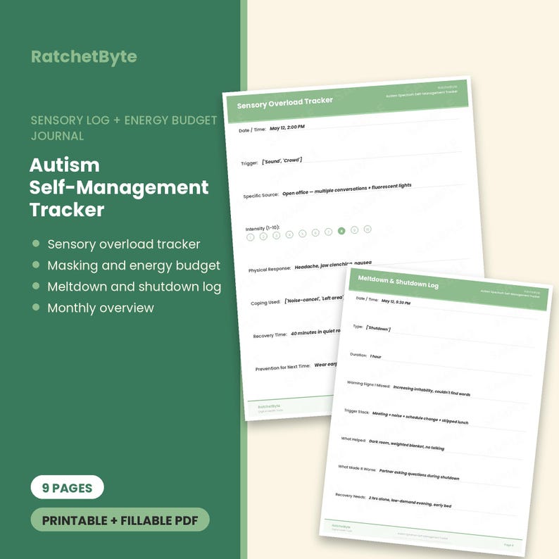 Autismus Selbstmanagement-Tracker, Sensorisches Tagebuch, Energiebudget Journal (PDF Download) Bild 1
