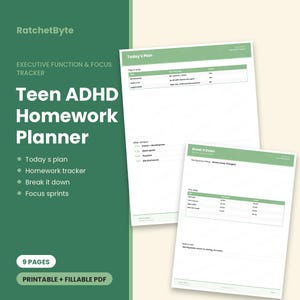 Può includere: Un planner digitale verde e bianco intitolato Teen ADHD Homework Planner di RatchetByte. Include due pagine, Today's Plan e Break It Down, con tabelle per attività, stime temporali e sprint di concentrazione. Il set contiene 9 pagine stampabili.