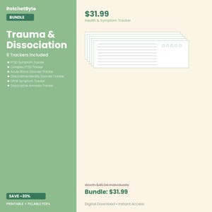 Op de afbeelding: Een digitale bundel van zes printbare en invulbare PDF-gezondheids- en symptoomtrackers getiteld Trauma & Dissociation. Het document bevat een PTSS-symptoomtracker, complexe PTSS-tracker, acute stressstoornis-tracker, dissociatieve identiteitsstoornis-tracker, DPDR-symptoomtracker en dissociatieve amnesie-tracker.