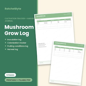 Puede incluir: Un diario de cultivo y seguimiento de cosecha Mushroom Grow Log de 9 páginas en formato PDF imprimible y rellenable. El documento incluye un registro de inoculación y un registro de condiciones de fructificación con tablas para el seguimiento.