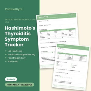 May include: A green and white Hashimoto's Thyroiditis Symptom Tracker journal with 9 pages. The document includes a Lab Results Log and a Food Trigger Diary with sections for dates, test results, medication doses, food intake, and daily health notes.