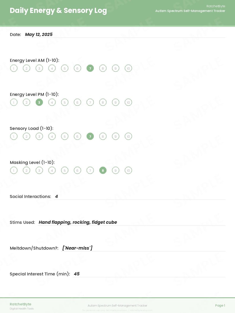 Autismus Selbstmanagement-Tracker, Sensorisches Tagebuch, Energiebudget Journal (PDF Download) Bild 2