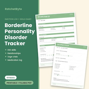 Może przedstawiać: Cyfrowy tracker zaburzeń osobowości typu borderline od RatchetByte zawierający dziewięć stron formularzy PDF do druku i wypełnienia. Dokumenty obejmują dziennik umiejętności DBT oraz dziennik kryzysowy z zielonymi nagłówkami i białym tłem.