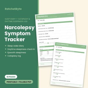 Könnte beinhalten: Ein grün-weißes Narcolepsy Symptom Tracker PDF zum Ausdrucken mit 10 Seiten. Das Dokument enthält ein Schlaf-Wach-Tagebuch mit Feldern für Medikamentendosen sowie eine Epworth-Schläfrigkeitsskala zur Erfassung von Tagesschläfrigkeit und Schlafqualität.