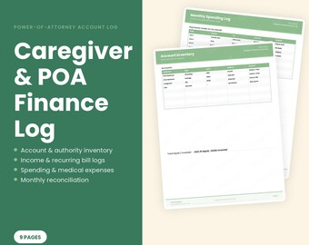 Caregiver Finance Log, Power of Attorney Account Expense Tracker (Fillable PDF Download)