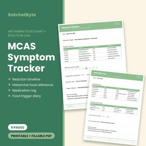 May include: A green and white printable MCAS Symptom Tracker PDF with 9 pages. The document includes a Reaction Timeline, Medication Log, and food trigger diary. Text includes RatchetByte, Histamine Food Diary, and Reaction Log.