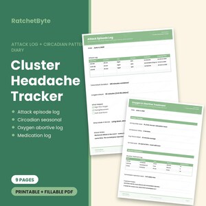 Op de afbeelding: Een digitaal Clusterhoofdpijn-dagboek als printbare PDF in groen en wit. Het document bevat een logboek voor aanvallen, secties voor zuurstof- en abortieve behandelingen, en velden voor het bijhouden van datums, duur en medicatie.
