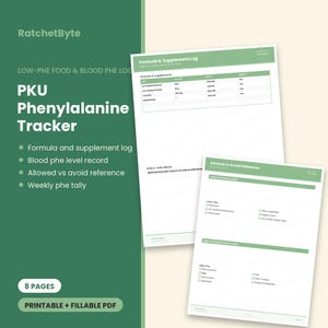 Könnte beinhalten: Ein druckbares und ausfüllbares 8-seitiges PKU-Phenylalanin-Tracker-Dokumentenset. Die Seiten haben grüne Kopfzeilen mit Texten wie Formula & Supplement Log, Notes/Side effects und Allowed vs Avoid Reference zur Verfolgung der Nahrungsaufnahme.