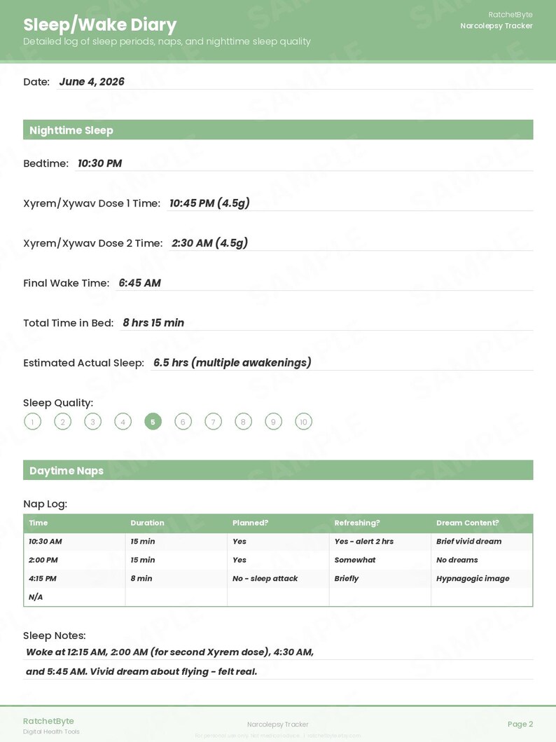 Narcolepsy Symptom Tracker, Sleep Diary, Cataplexy & Daytime Sleepiness Log (PDF Download) image 3