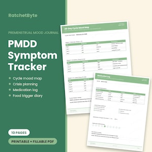 May include: A 10-page printable and fillable PDF PMDD symptom tracker journal by RatchetByte. The document features a 28-day cycle mood map and a medication log with green and white headers, designed to track cycle patterns and symptoms.