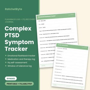 Può includere: Un diario digitale per il monitoraggio dei sintomi del disturbo da stress post-traumatico complesso di RatchetByte con nove pagine, tra cui un tracker per i flashback emotivi, registri di terapia, autovalutazione ITQ e registro di tolleranza.