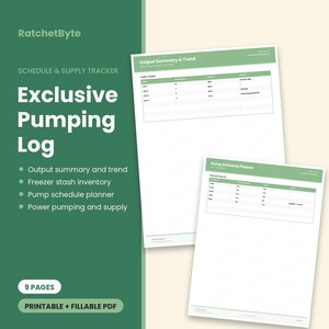 Puede incluir: Un registro de extracción de leche en PDF imprimible y rellenable de nueve páginas de RatchetByte. El documento incluye una tabla de resumen y tendencia de producción y un planificador de horarios con encabezados verdes y fondo blanco.