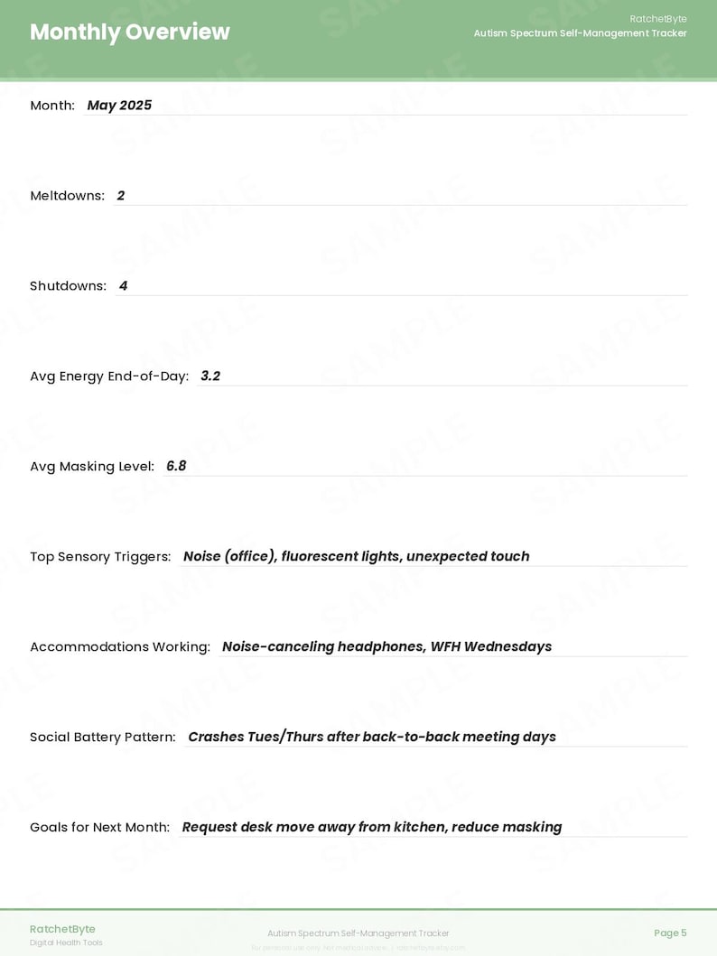 Autismus Selbstmanagement-Tracker, Sensorisches Tagebuch, Energiebudget Journal (PDF Download) Bild 6