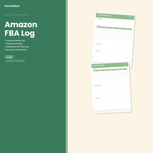 May include: A digital Amazon FBA log template by RatchetByte featuring a green sidebar with white text listing product inventory, shipment tracking, reimbursement claims, and revenue tracking. Two white pages with green headers are displayed.