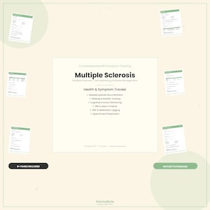 Pode incluir: Um rastreador de saúde digital para gestão de esclerose múltipla com uma página de título central listando rastreamento de sintomas, documentação de recaídas e registro de medicamentos, cercado por cinco visualizações de páginas em fundo claro.