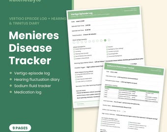 Könnte beinhalten: Ein druckbares PDF-Set zur Verfolgung der Meniere-Krankheit mit einem Schwindel-Episoden-Protokoll und einem Natrium- und Flüssigkeitsaufnahme-Tracker. Die weißen Dokumente haben grüne Kopfzeilen und Textfelder für Daten und Symptome.