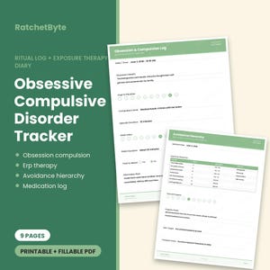 Könnte beinhalten: Ein digitales Set aus neun druckbaren und ausfüllbaren PDF-Seiten zur Verfolgung von Zwangsstörungen. Das Dokument enthält ein Protokoll für Obsessionen und Zwänge sowie ein Blatt zur Vermeidungs-Hierarchie mit grünen Kopfzeilen und Text.