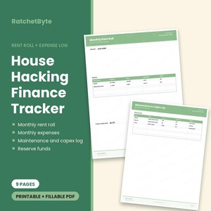 Op de afbeelding: Een digitale House Hacking Finance Tracker documentenset van RatchetByte met een Monthly Rent Roll en Maintenance & CapEx Log. De printbare en invulbare PDF bevat 9 pagina's met groene koppen en overzichtelijke tabellen.