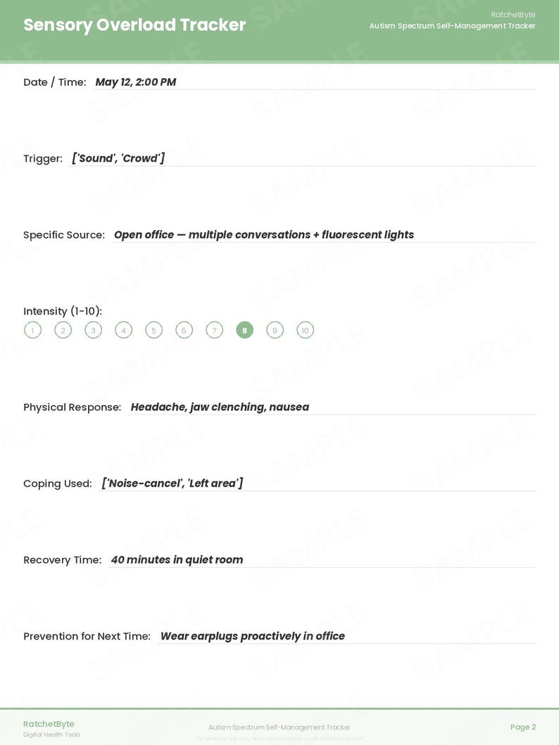 Autismus Selbstmanagement-Tracker, Sensorisches Tagebuch, Energiebudget Journal (PDF Download) Bild 3
