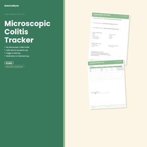 Peut inclure: Un ensemble de documents numériques Microscopic Colitis Tracker avec une barre latérale verte et du texte blanc indiquant RatchetByte et Microscopic Colitis Tracker. Deux pages blanches avec des en-têtes verts présentent des champs pour les profils médicaux et les journaux de symptômes.