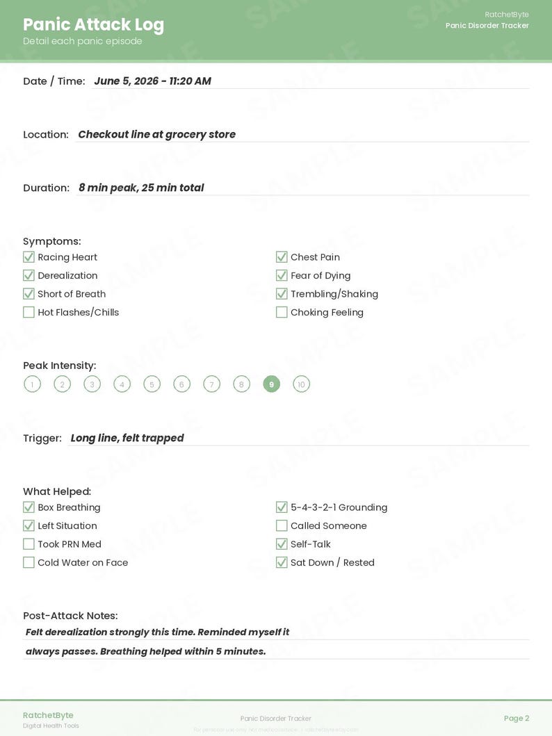 Panic Disorder Tracker, Panic Attack Log, Breathing Exercise Diary (PDF Download) image 3
